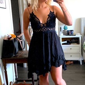 Black Lace Mini Dress - Free People FP Adella Slip, Size L